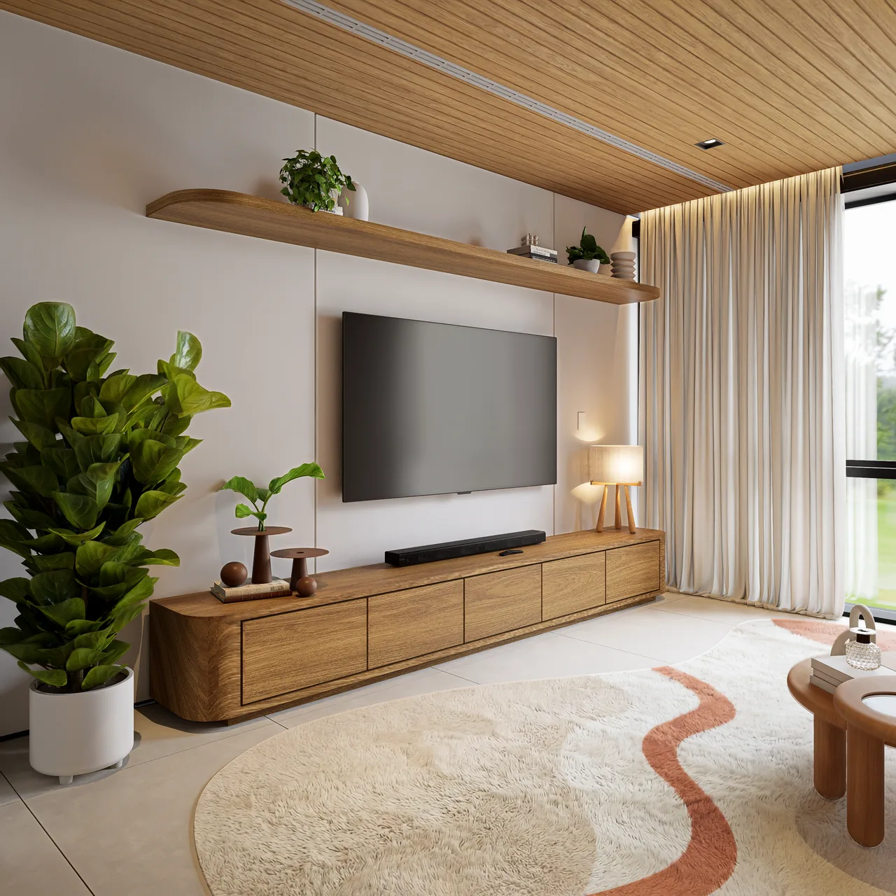 Sala de estar com painel de madeira